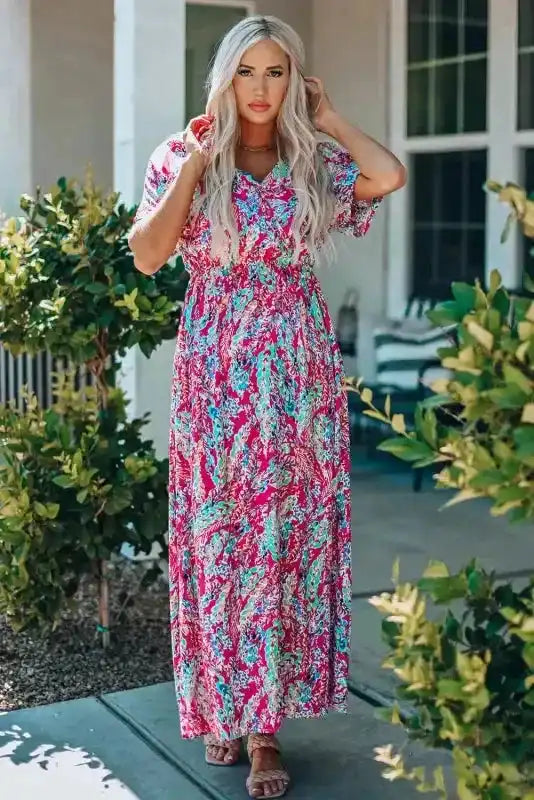 Floral Maxi Dress with V Neck - Green Wrap Style