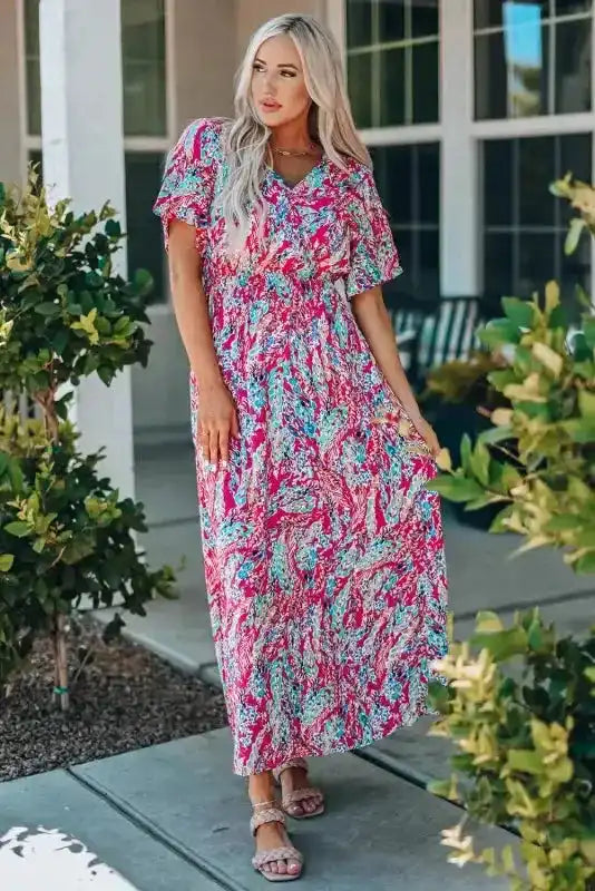 Floral Maxi Dress with V Neck - Green Wrap Style