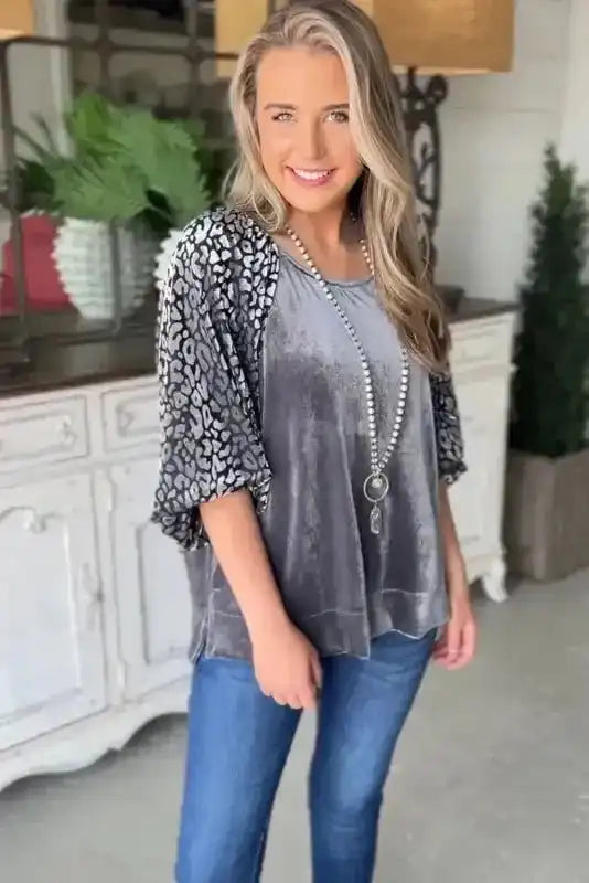 Luxurious Grey Leopard Velvet Blouse for Bold Style