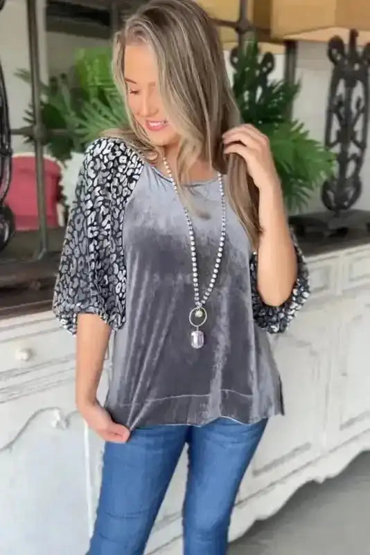 Luxurious Grey Leopard Velvet Blouse for Bold Style