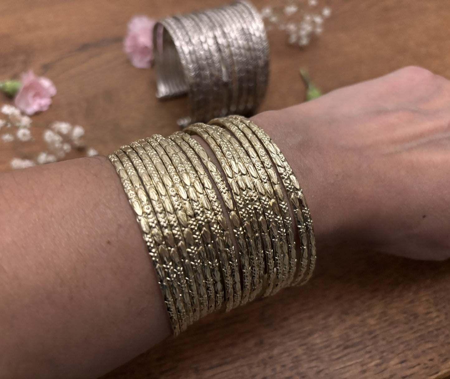 Hammered Gold/Sliver Finish Stack Cuff – Adjustable Brass Bangles Set.