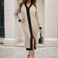Knitted Contrast Trim Long Sleeve Midi Dress