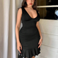 New sexy hot girl big U-neck pleated waist hip dress