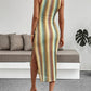 Colorful striped crochet crew neck vest sleeveless slim dress