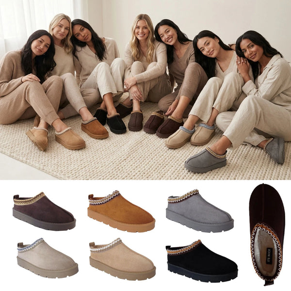 Group of women sitting together wearing different colored slippers with a close-up of the slippers below.