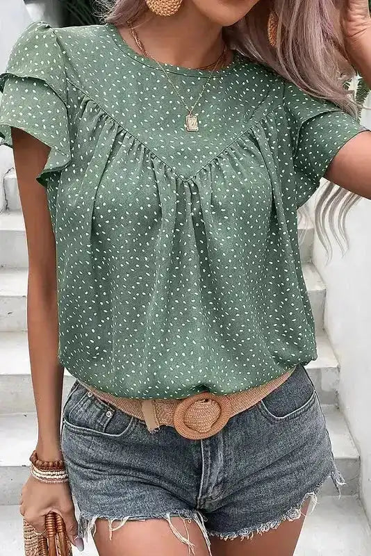 Laurel Green Dotted Ruffle Sleeve Blouse