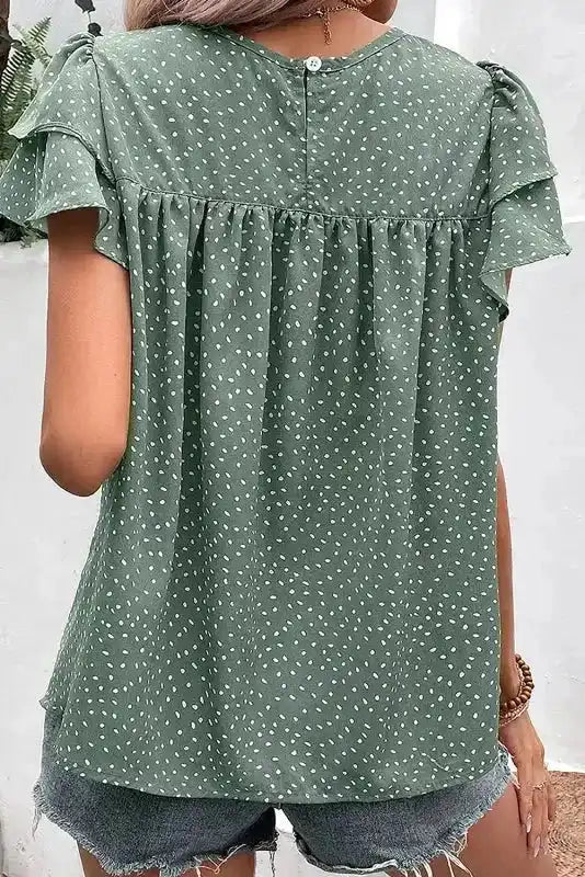 Laurel Green Dotted Ruffle Sleeve Blouse