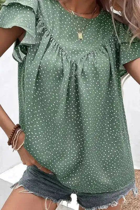 Laurel Green Dotted Ruffle Sleeve Blouse