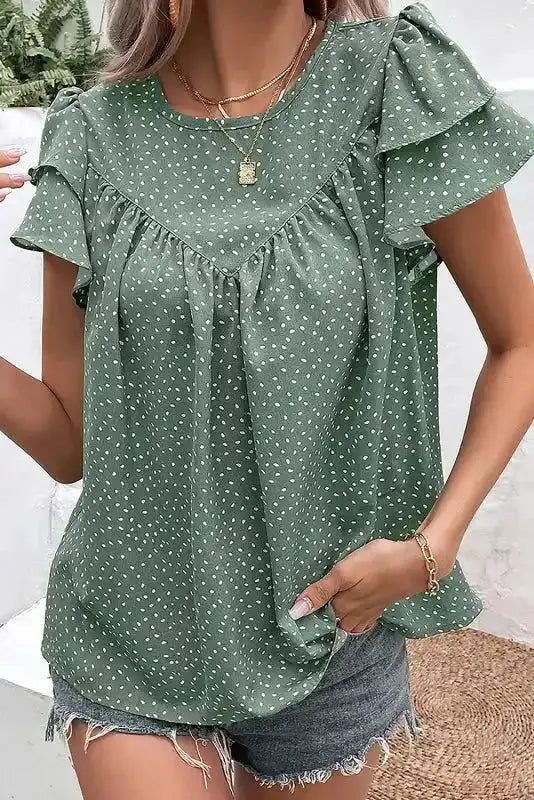 Laurel Green Dotted Ruffle Sleeve Blouse
