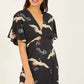 Black Crane Print Kimono Midi Dress