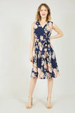 Mela Navy Rose Printed Wrap Over Sleeveless Skater Dress