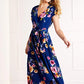 Mela Blue Floral Wrap Over Dipped Hem Midi Dress