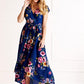 Mela Blue Floral Wrap Over Dipped Hem Midi Dress