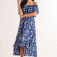 Mela Blue Ditsy Print Bardot Dipped Hem Dress