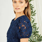 Yumi Navy Lace Skater Dress With Puff Sleeves