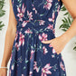 Yumi Navy Floral Print Mesh Stretch Midi Dress With Pockets