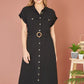 Yumi Black Viscose Linen Look Midi Shirt Dress With Wooden Belt