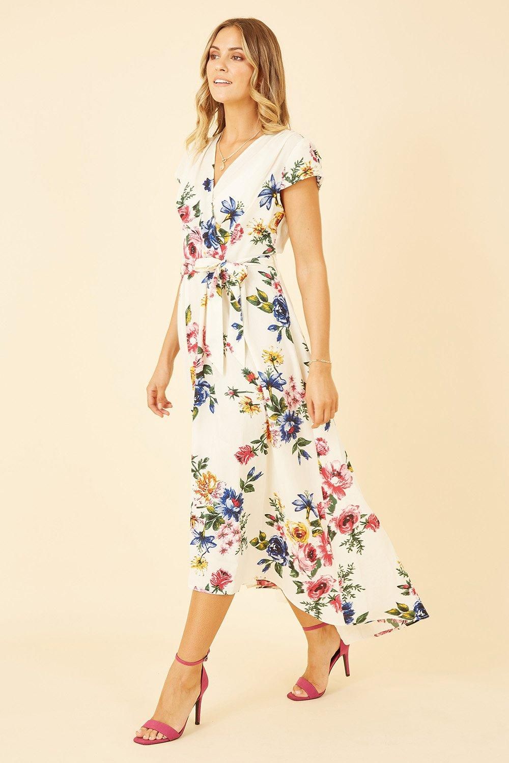 Mela Ivory Floral Wrap Dip Hem Dress