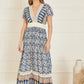 Yumi Navy Viscose Leaf Print Maxi Dress With Lace Trim
