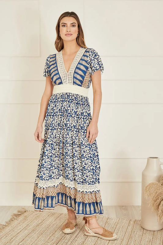 Yumi Navy Viscose Leaf Print Maxi Dress With Lace Trim