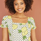 Mela White Viscose Lemon Print Skater Dress With Balloon Sleeves