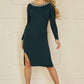 Yumi Green Pearl Neckline Fitted Midi Knitted Dress