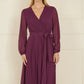 Yumi Plum Pleated Wrap Midi Dress With Sheer Long Sleeves