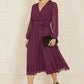 Yumi Plum Pleated Wrap Midi Dress With Sheer Long Sleeves