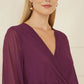 Yumi Plum Pleated Wrap Midi Dress With Sheer Long Sleeves