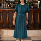 Yumi Green Satin Striped Midi Dress With Pleats and Matching Belt