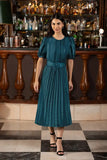 Yumi Green Satin Striped Midi Dress With Pleats and Matching Belt