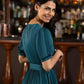 Yumi Green Satin Striped Midi Dress With Pleats and Matching Belt