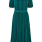 Yumi Green Satin Striped Midi Dress With Pleats and Matching Belt