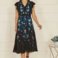 Yumi Black All Over Floral Embroidery Midi Skater Dress