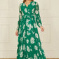 Yumi Green Floral Pleated Midi Wrap Long Sleeve Dress