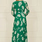 Yumi Green Floral Pleated Midi Wrap Long Sleeve Dress