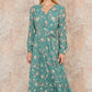 Yumi Mint Green Floral Pleated Long Sleeve Wrap Over Midi Dress