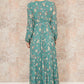 Yumi Mint Green Floral Pleated Long Sleeve Wrap Over Midi Dress