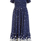 Yumi Navy Spot And Floral Print Border Ruched Midi Dress