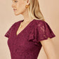 Yumi Burgundy Stretch Lace Puff Sleeve Midi Dress