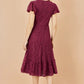 Yumi Burgundy Stretch Lace Puff Sleeve Midi Dress