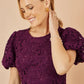 Yumi Burgundy Stretch Lace Puff Sleeve Midi Dress