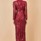 Yumi Red Sequin Midi Wrap Dress With Split Hemline And Long Sleeves