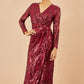 Yumi Red Sequin Midi Wrap Dress With Split Hemline And Long Sleeves