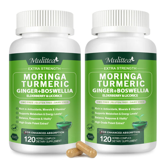 Mulittea Moringa Capsules 1000mg – 7-in-1 Turmeric, Ginger, Elderberry & Boswellia | 120 Vegan Capsules (2-Pack)