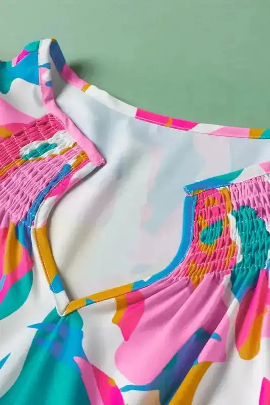 Multi Colour Flutter Sleeve Blouse - Abstract Print Notched Neck