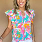 Multi Colour Flutter Sleeve Blouse - Abstract Print Notched Neck