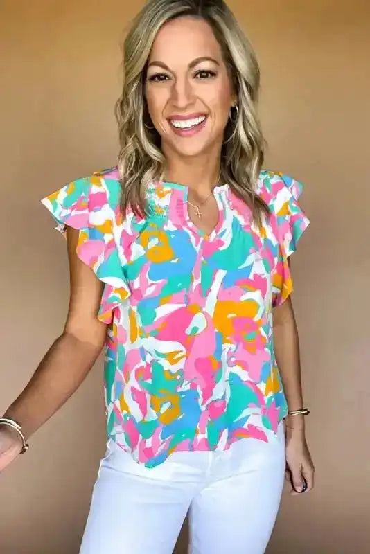 Multi Colour Flutter Sleeve Blouse - Abstract Print Notched Neck