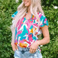 Multi Colour Flutter Sleeve Blouse - Abstract Print Notched Neck