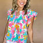 Multi Colour Flutter Sleeve Blouse - Abstract Print Notched Neck